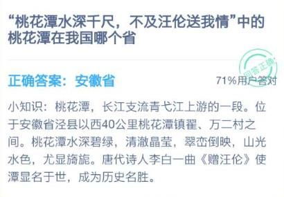 蚂蚁庄园桃花潭在我国哪个省介绍_蚂蚁庄园桃花潭在我国哪个省是什么（桃花潭水深千尺不及汪伦送我情的桃花潭在我国哪个省 蚂蚁庄园2020年12.14今日答案最新）