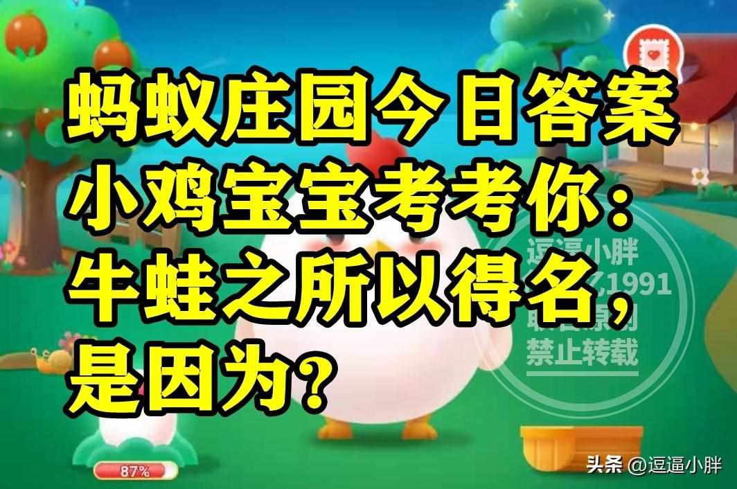 支付宝小鸡宝宝考考你牛蛙之所以得名是因为-蚂蚁庄园2023年8月7日今日答案早知道（蚂蚁庄园牛蛙之所以得名答案 牛蛙得名是因为体格健硕如牛吗）-第6张图片-拓城游